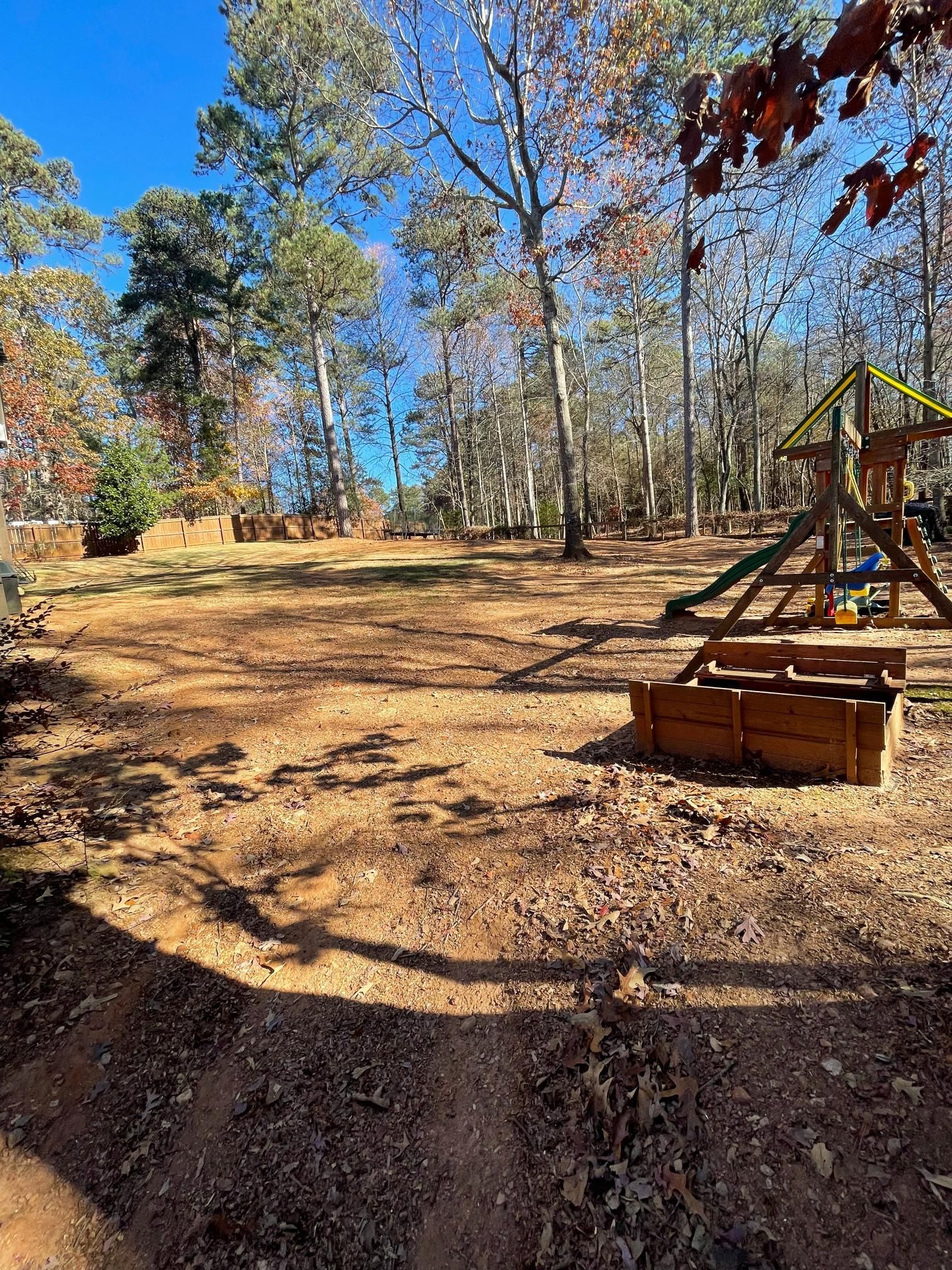 There is a playground in the middle of the woods.