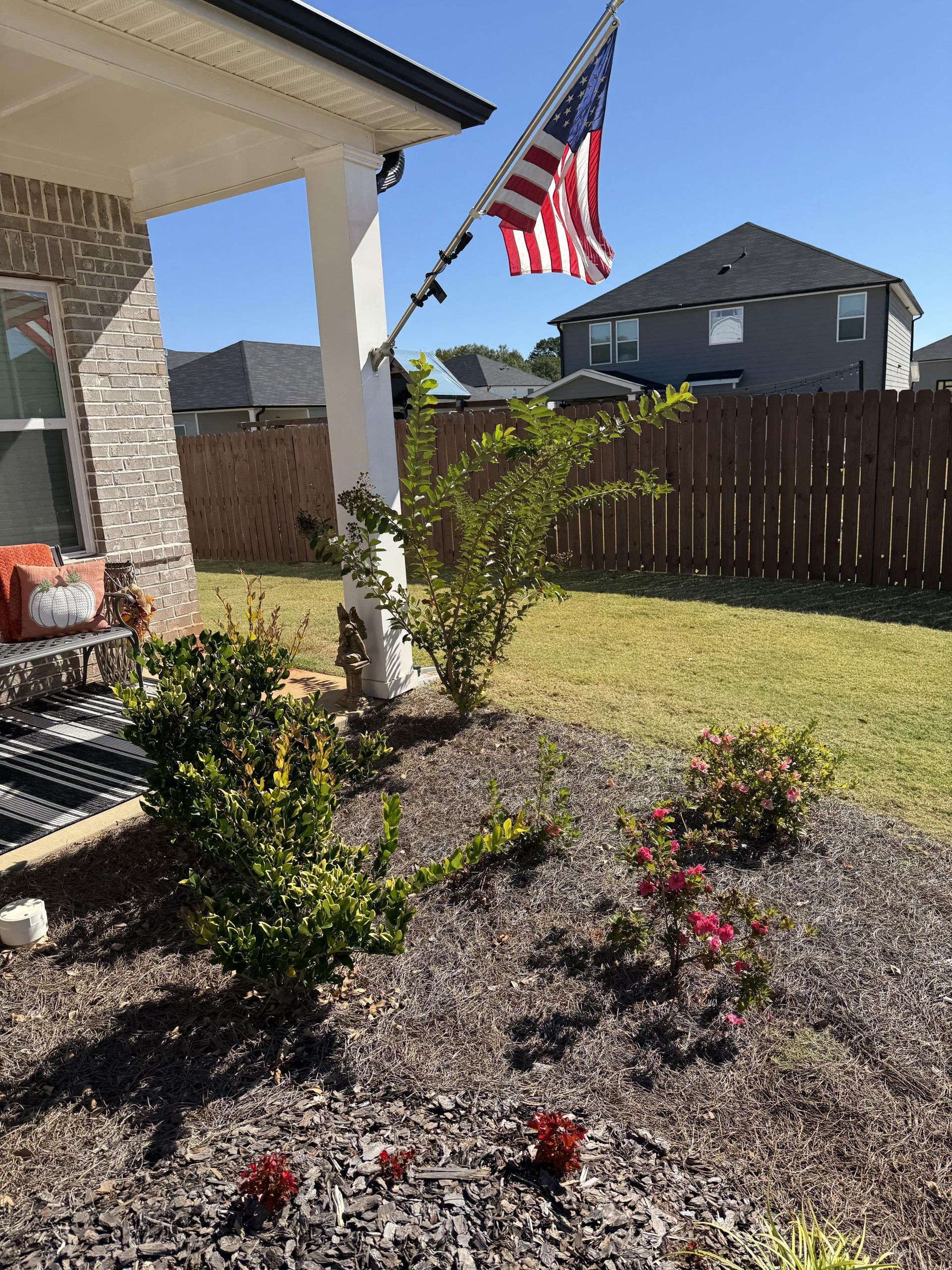 An american flag is flying in the backyard of a house.