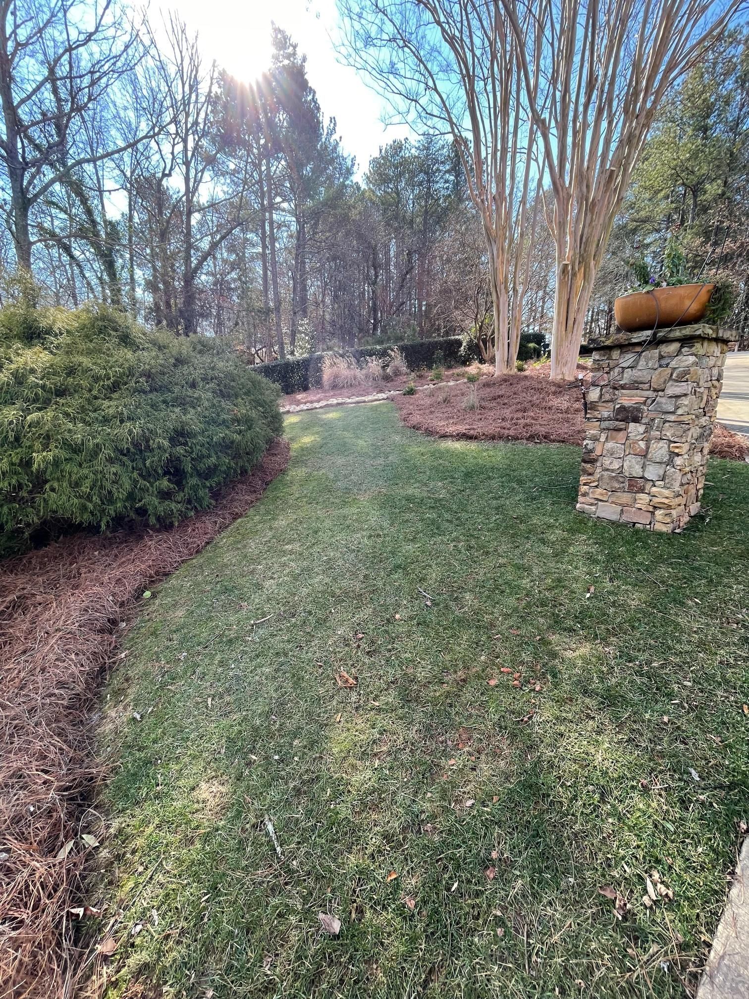 A lush green lawn with a stone wall and trees in the background.