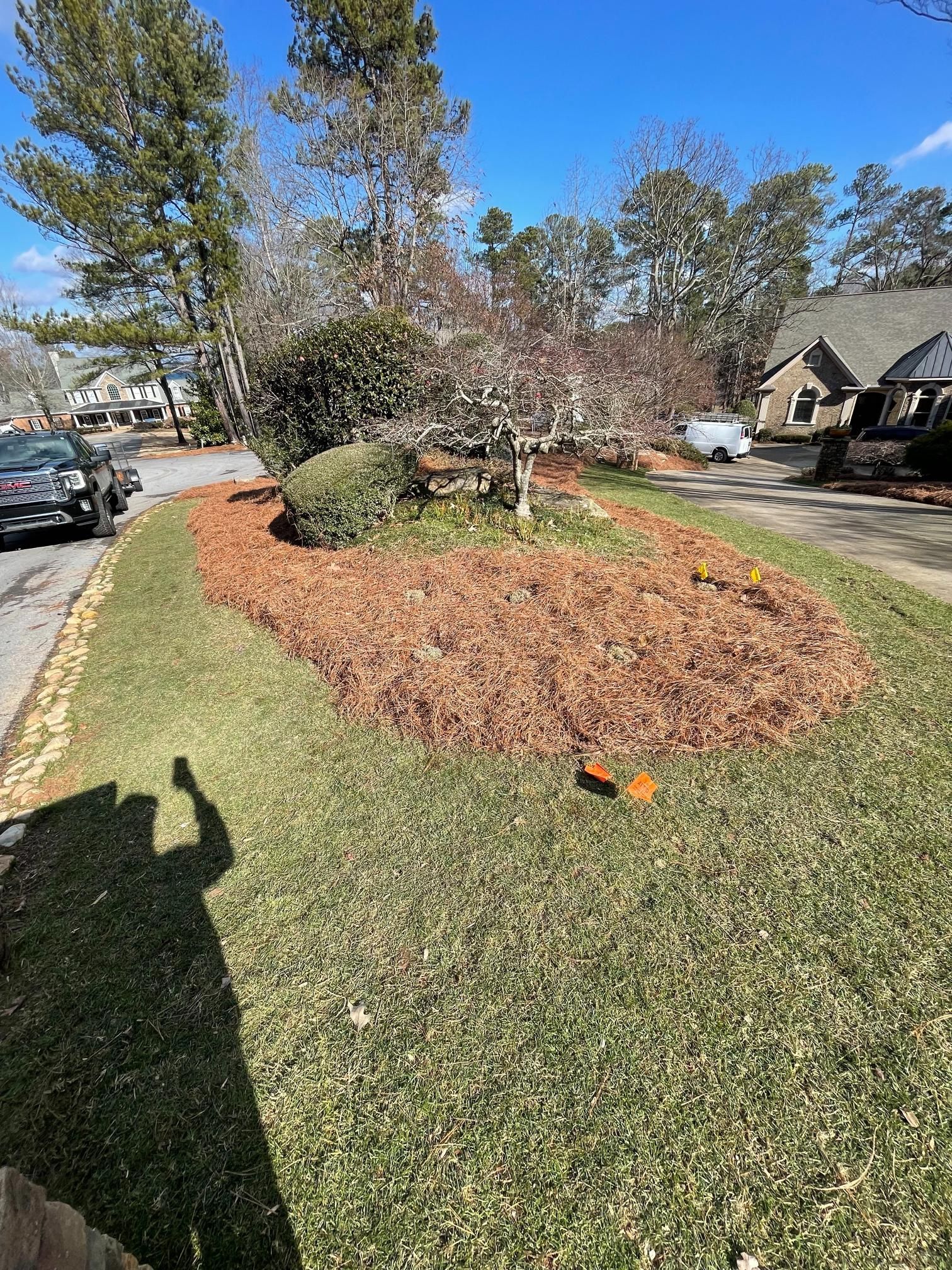 A car is parked on the side of the road next to a lush green lawn.
