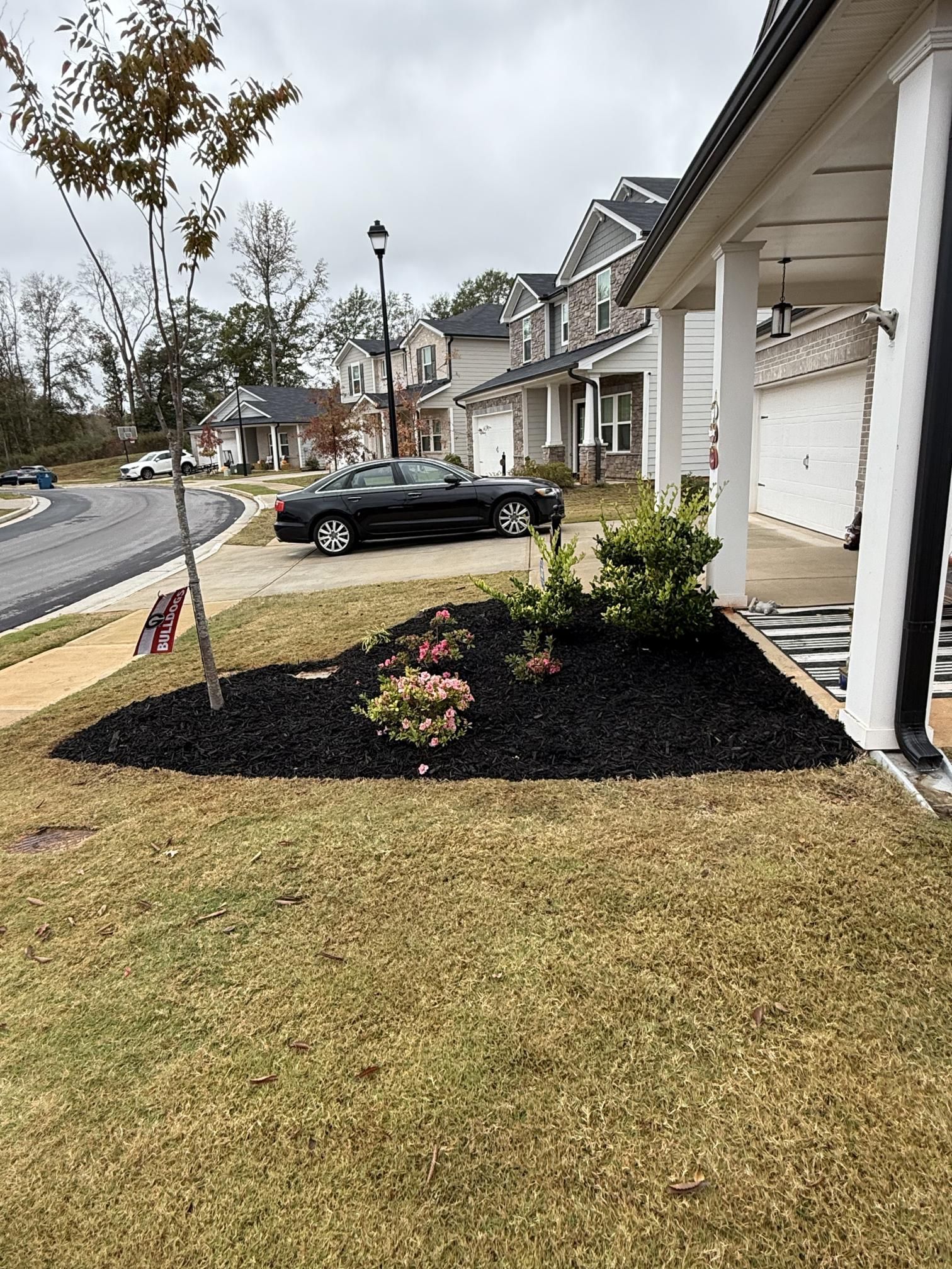 A black car is parked in front of a house in a residential area.