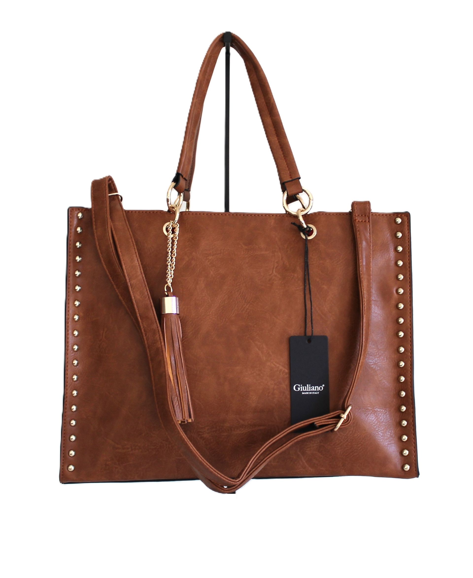 cognac shopper met goudkleurige studs