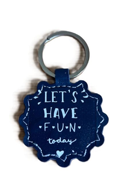 Sleutelhanger donker blauw van PU leer, Let's have fun today