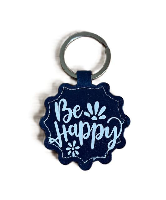 Sleutelhanger donker blauw van PU leer, Be happy