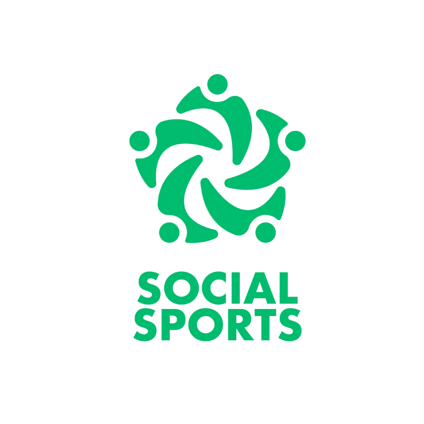 A green logo for social sports with a group of people in a circle.