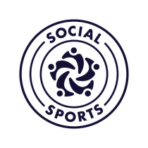 A logo for social sports with a group of people in a circle.