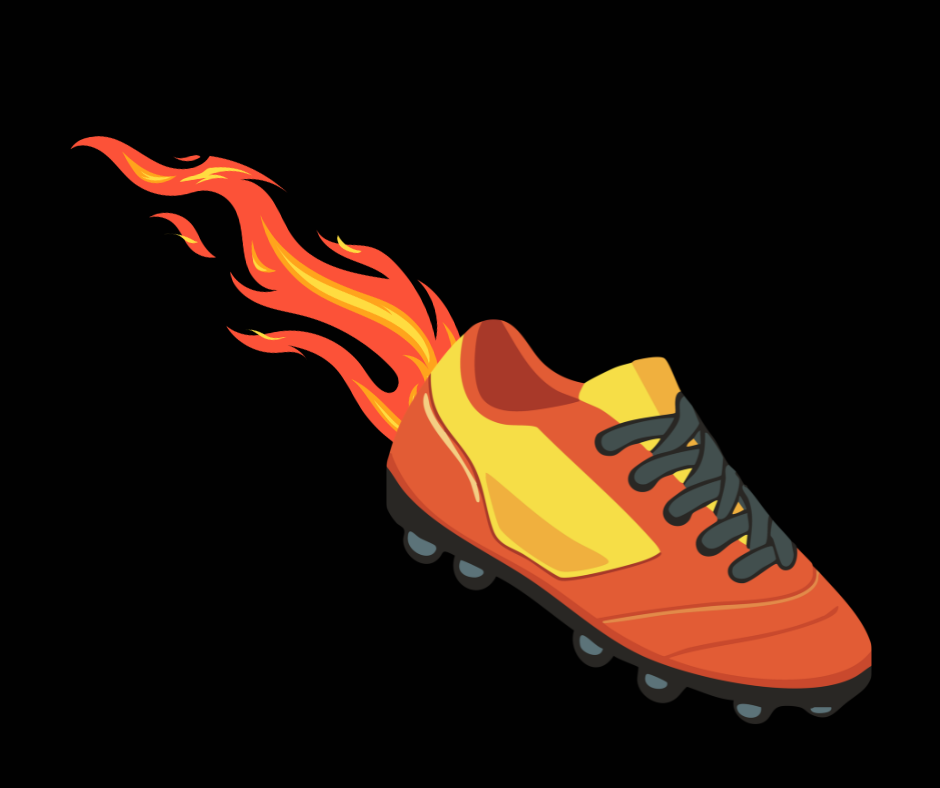 An orange and yellow soccer cleat speeding through the air, leaving a trail of orange and yellow flames behind it.