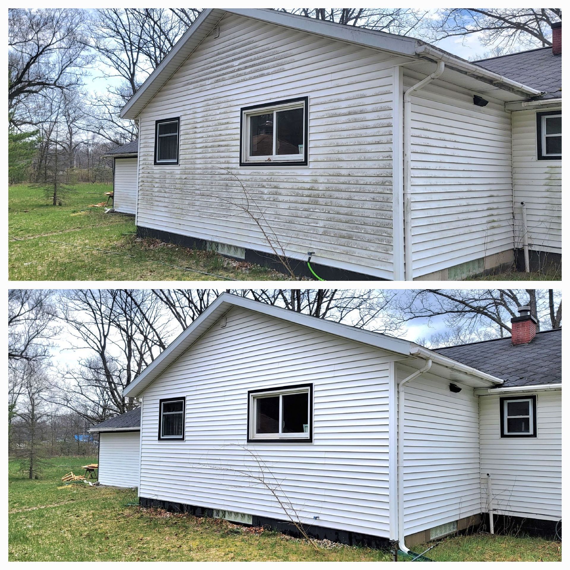 A before and after picture of a white house.