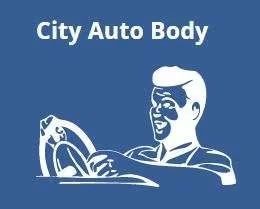 the logo for city auto body shows a man driving a car .