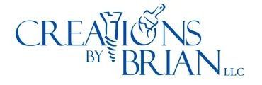 the logo for creations by brian llc is blue and white .