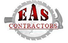 a logo for eas contractors with a circular saw blade and a hammer .