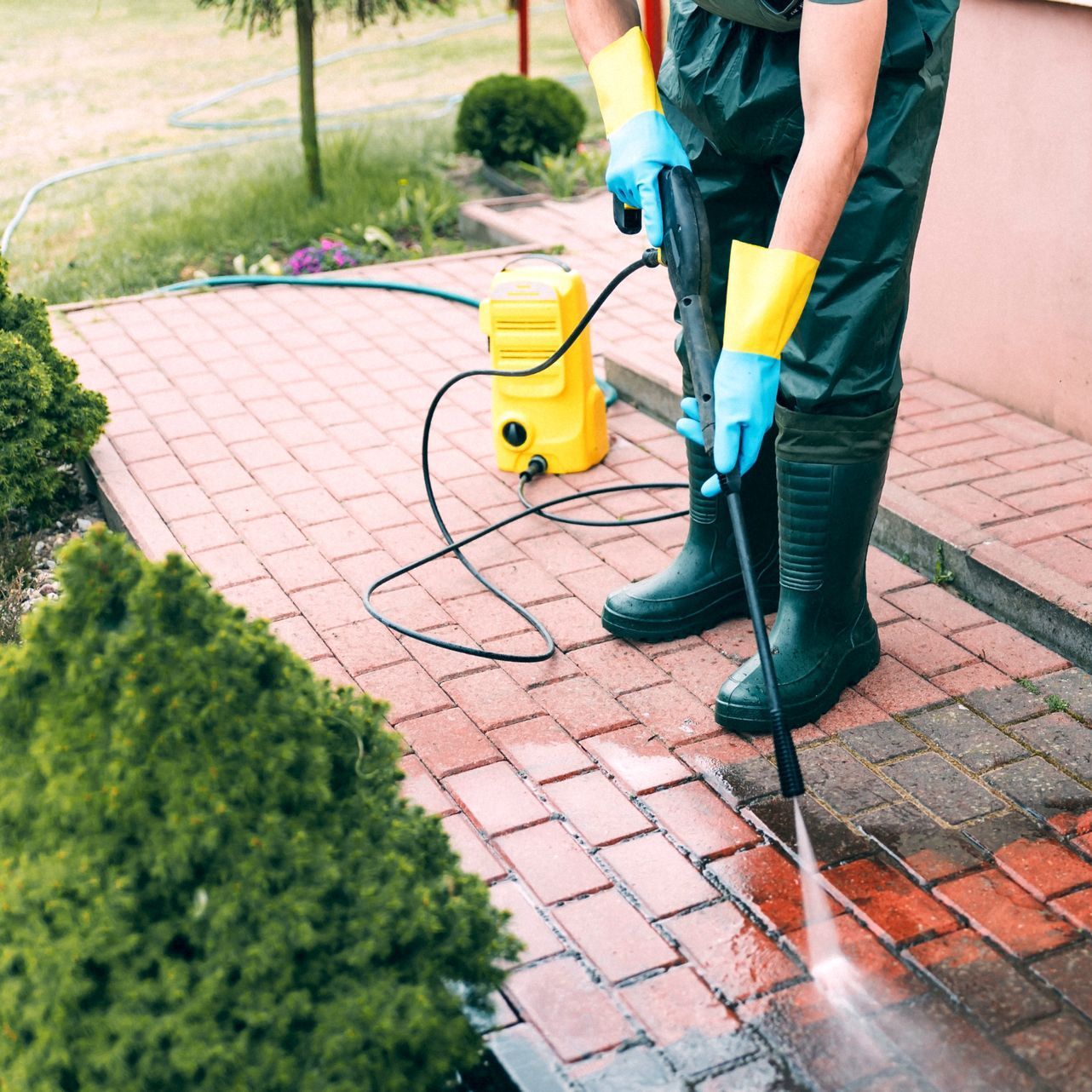 a person is using a high pressure washer on a brick sidewalk