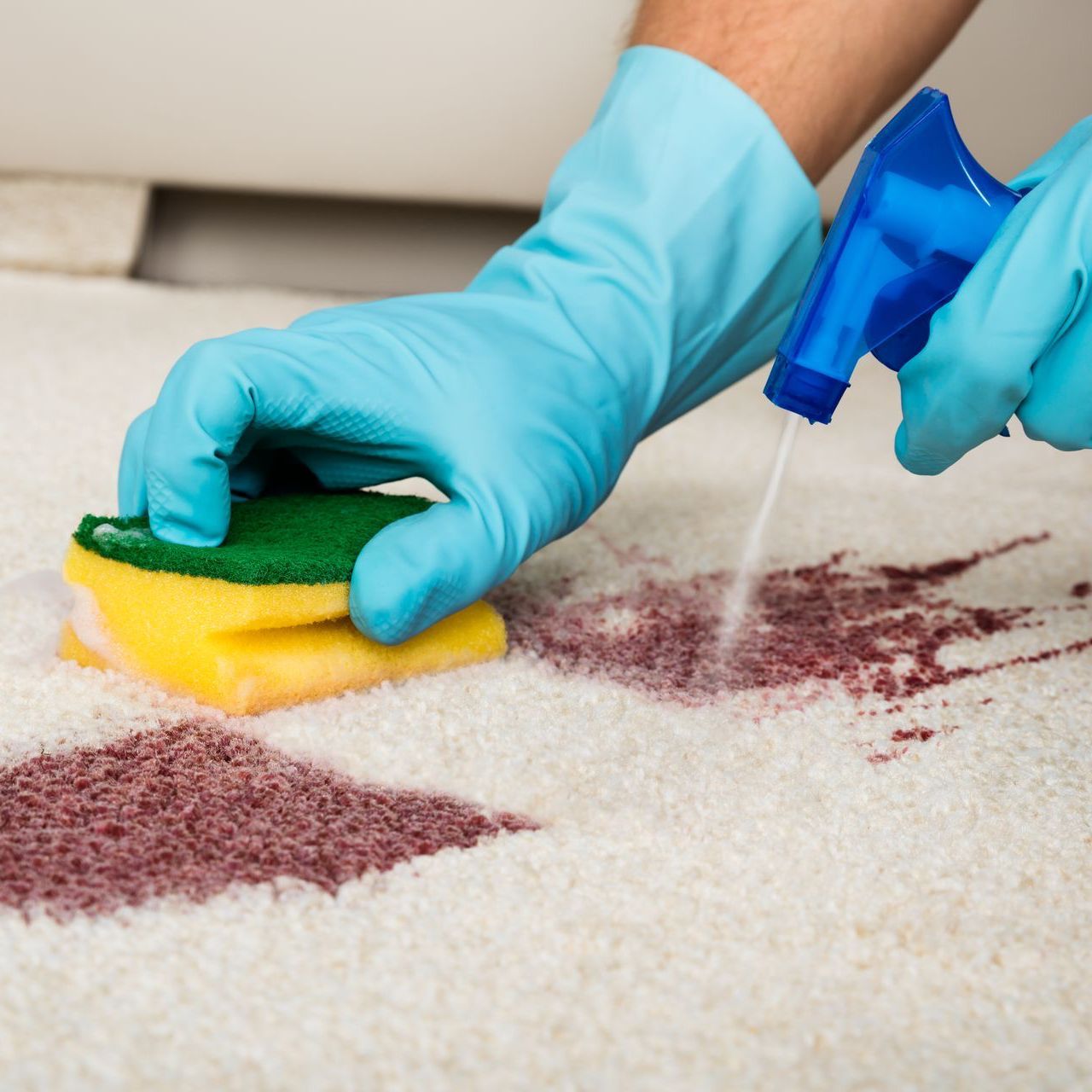 a person cleaning a carpet with a spray bottle and a sponge
