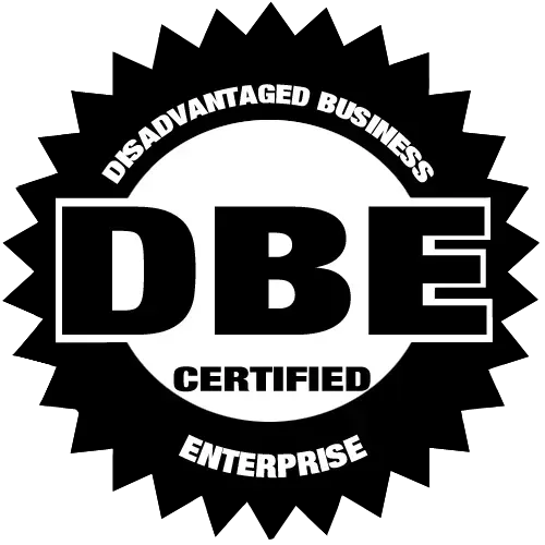 Black and white DBE Certified Enterprise logo with 