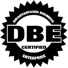 Black and white DBE Certified Enterprise logo with 