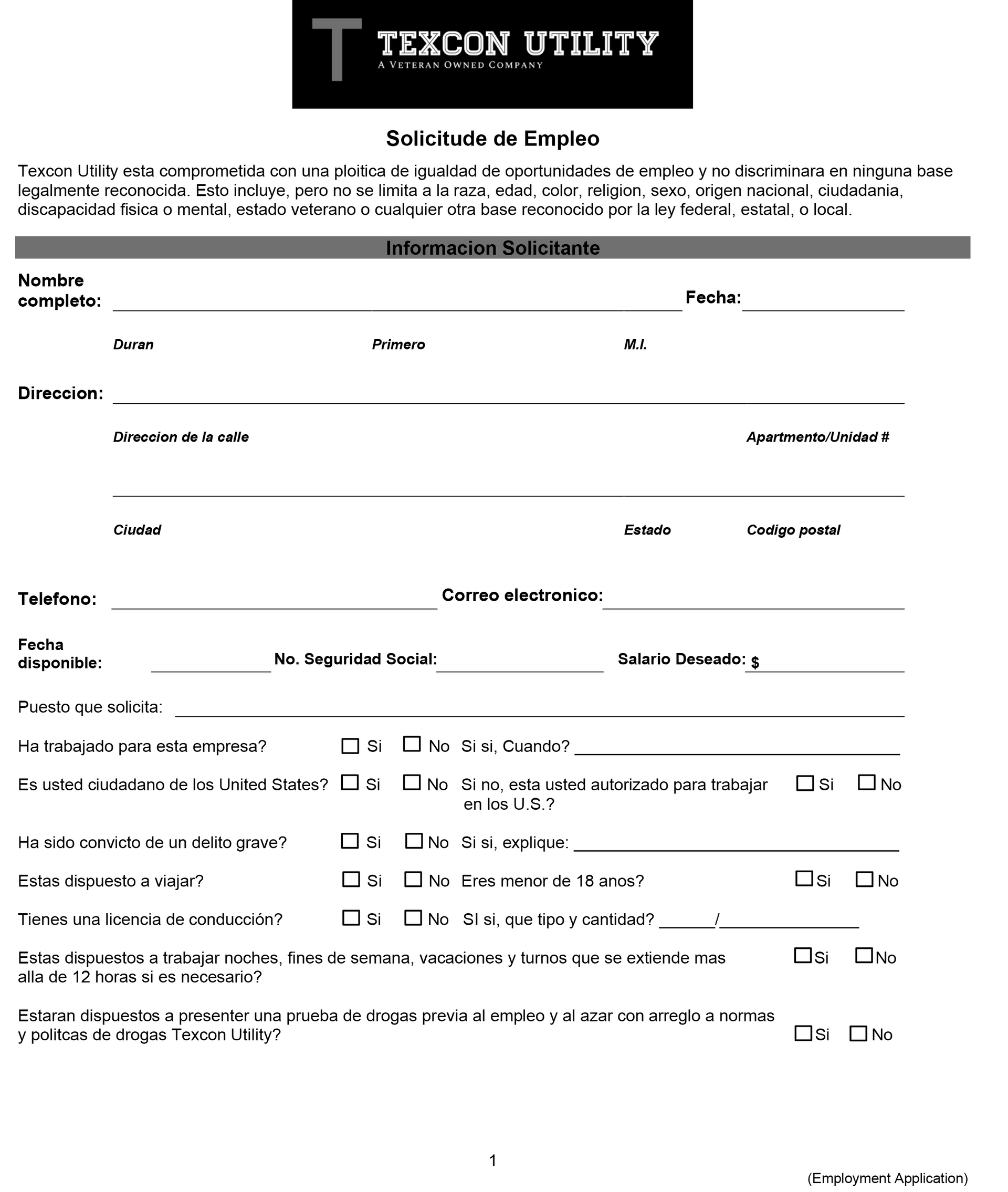 Application form from Texcom Utility. Contains fields for personal and contact information.