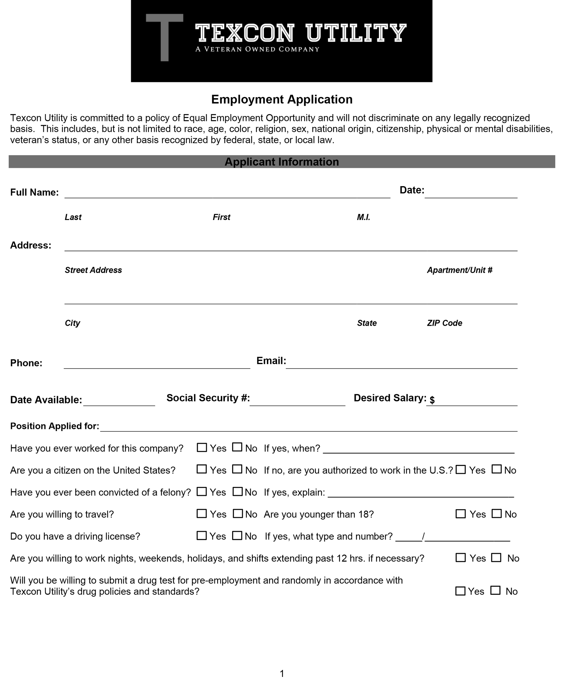 Employment application form from Texcon Utility. Applicant details include name, address, and contact information.