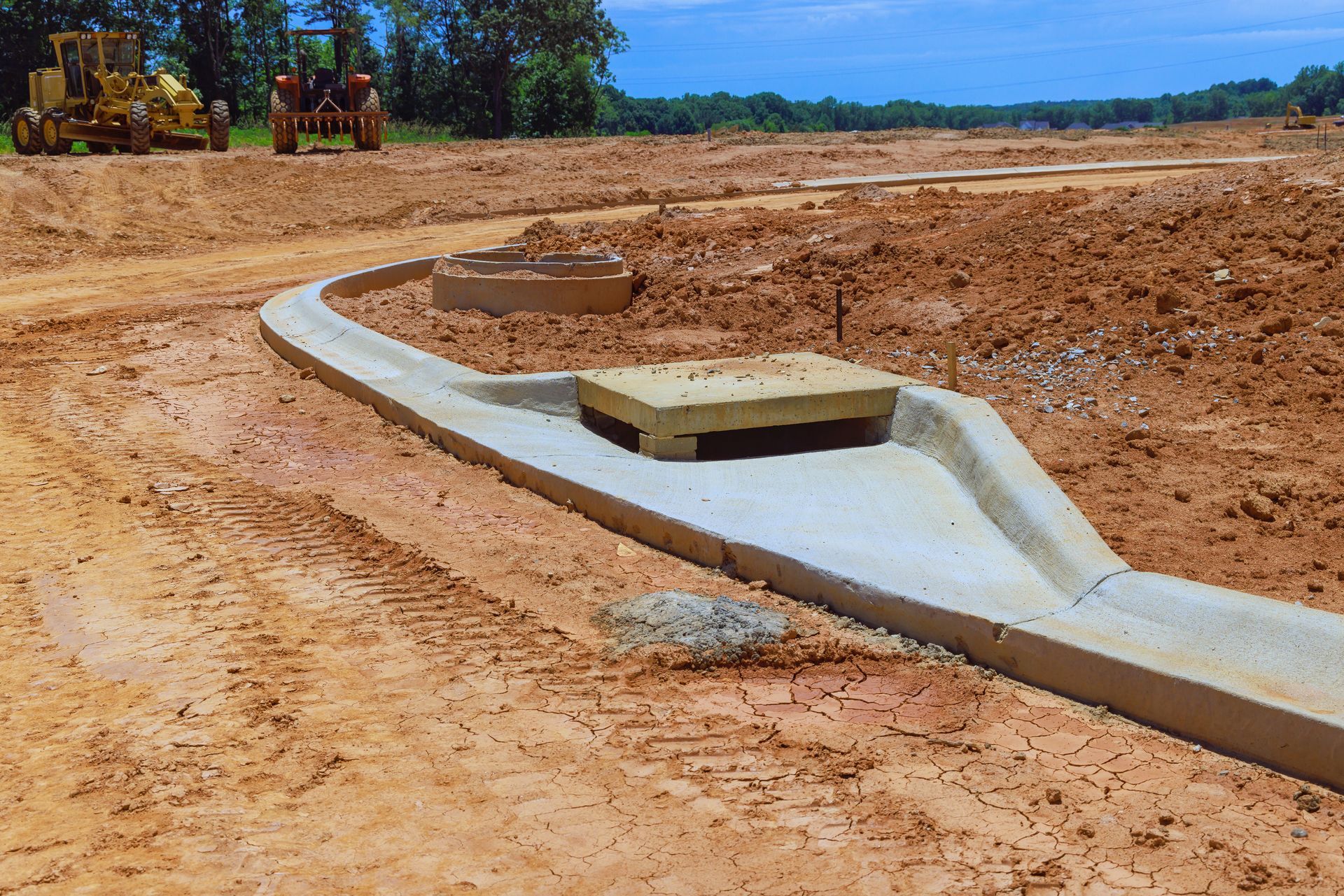 Construction site with concrete curb, drain, and earth-moving equipment in the background.