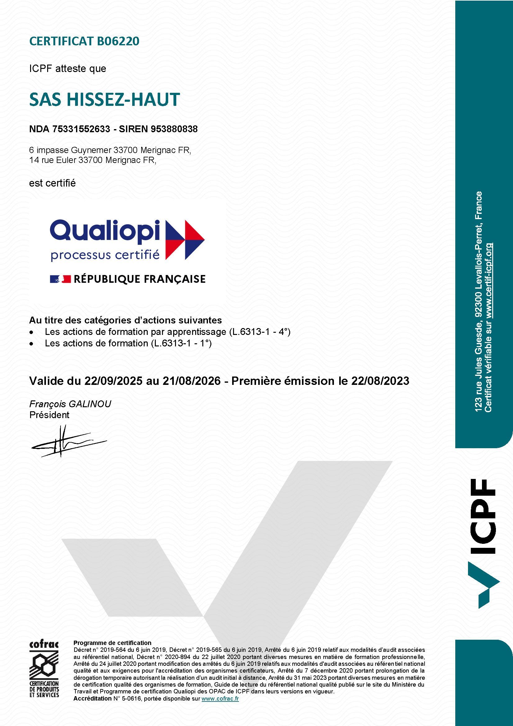 Label Certification Qualiopi - Hissez Haut Formation