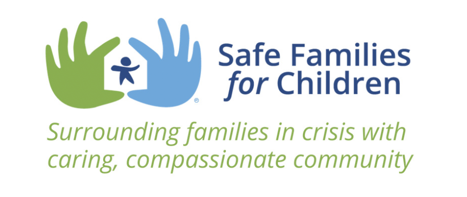 Logo for Safe Families for Children featuring two hands surrounding a house with a stick figure inside. Text reads