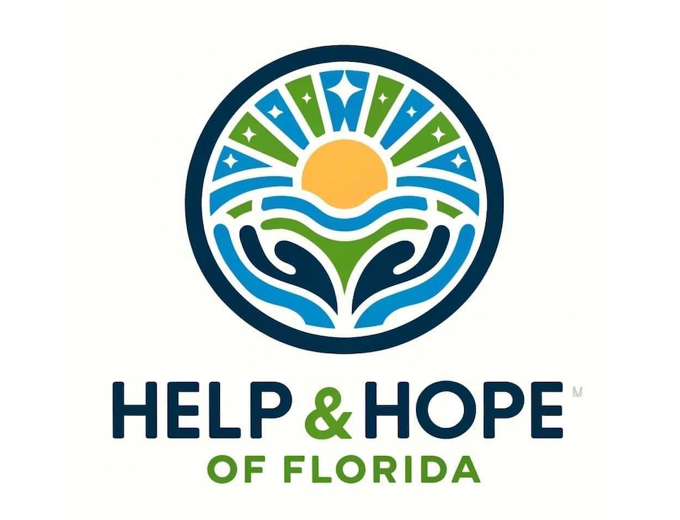 Logo for Help & Hope of Florida featuring a sun and hands cupped in a circle, with text below.