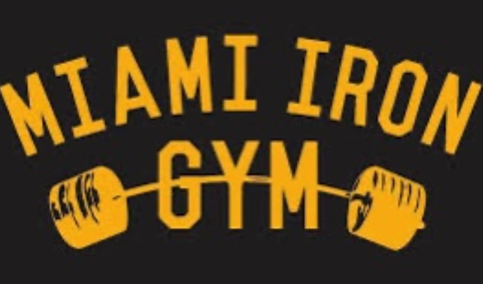 Miami Iron Gym logo: Yellow text on a black background. Includes a barbell graphic.