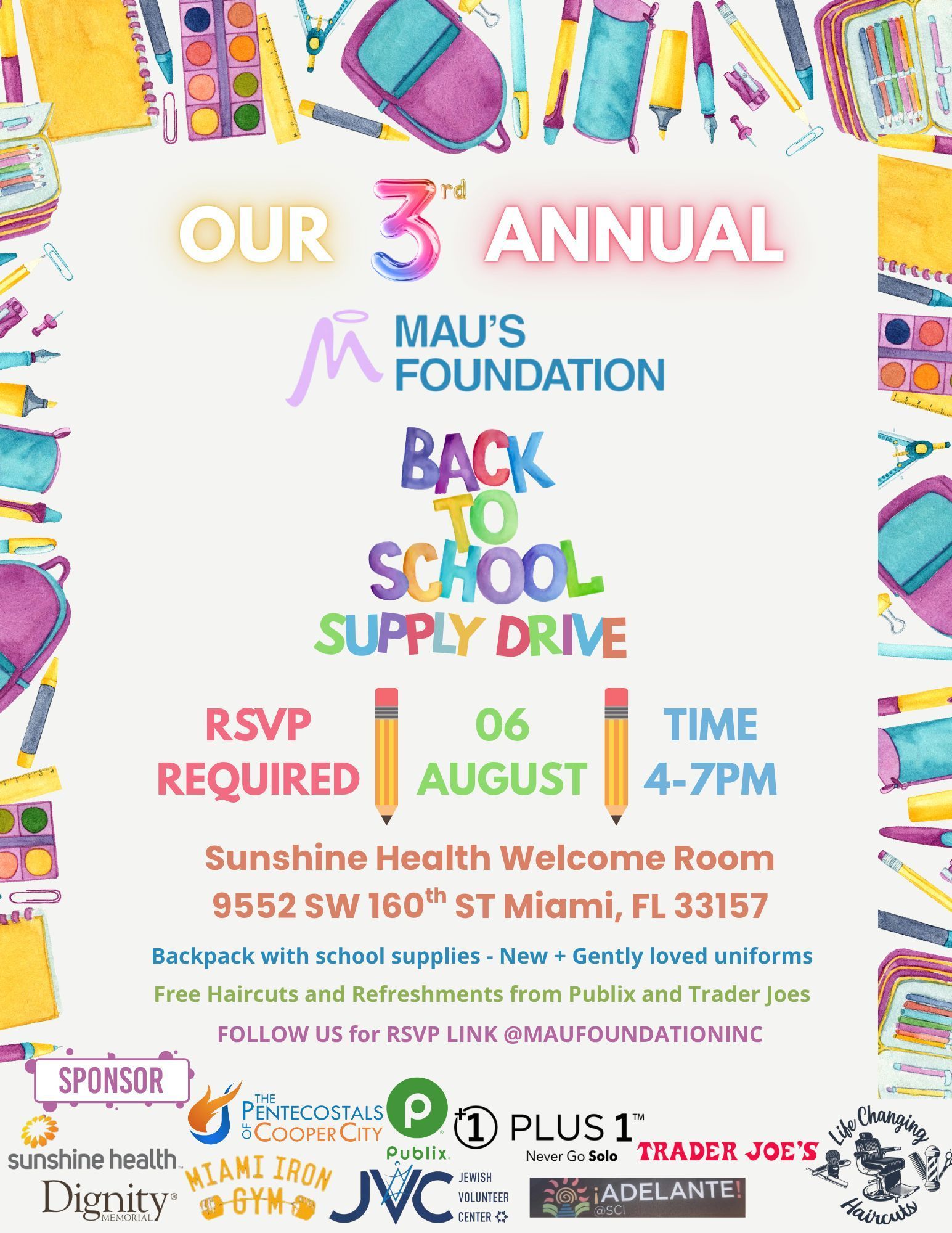 Flyer for Mau's Foundation Back to School Supply Drive on August 6, 4-7PM, at Sunshine Health Welcome Room, Miami. RSVP required.