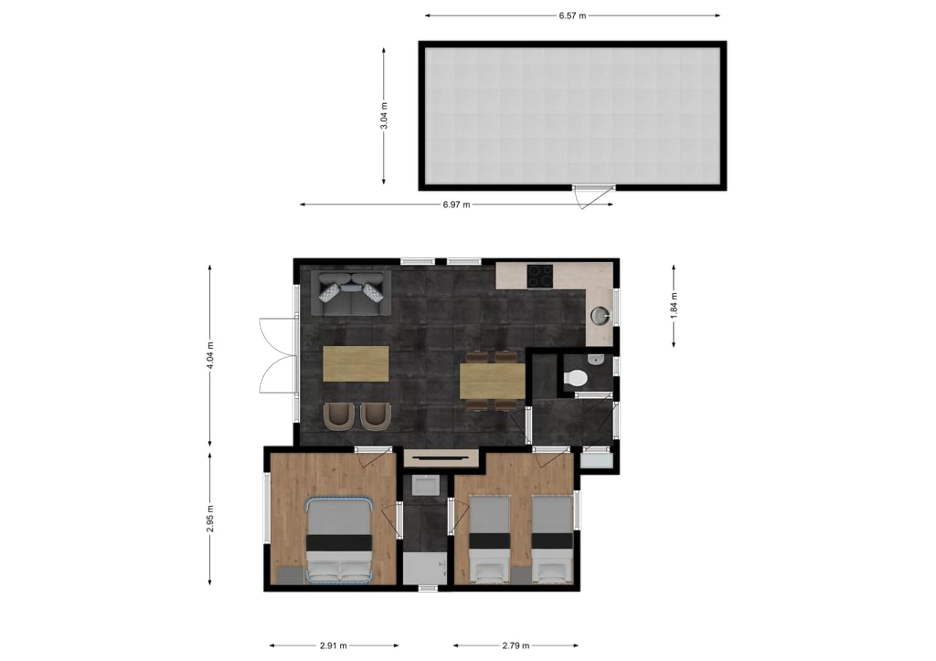 Plattegrond van een huis met twee slaapkamers en een garage.