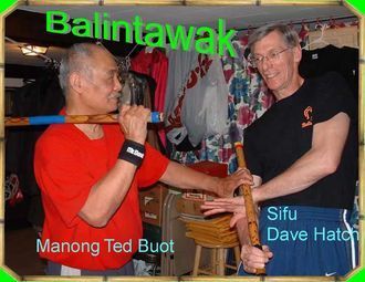 Two people practicing martial arts outdoors with wooden sticks.