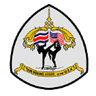 Logo for Thai Boxing Assoc. of the U.S.A., showing two fighters kicking, flags of Thailand and the U.S., and gold accents.