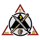 Emblem with crossed weapons, fist, and moon inside a circle, set within a triangle with symbols.