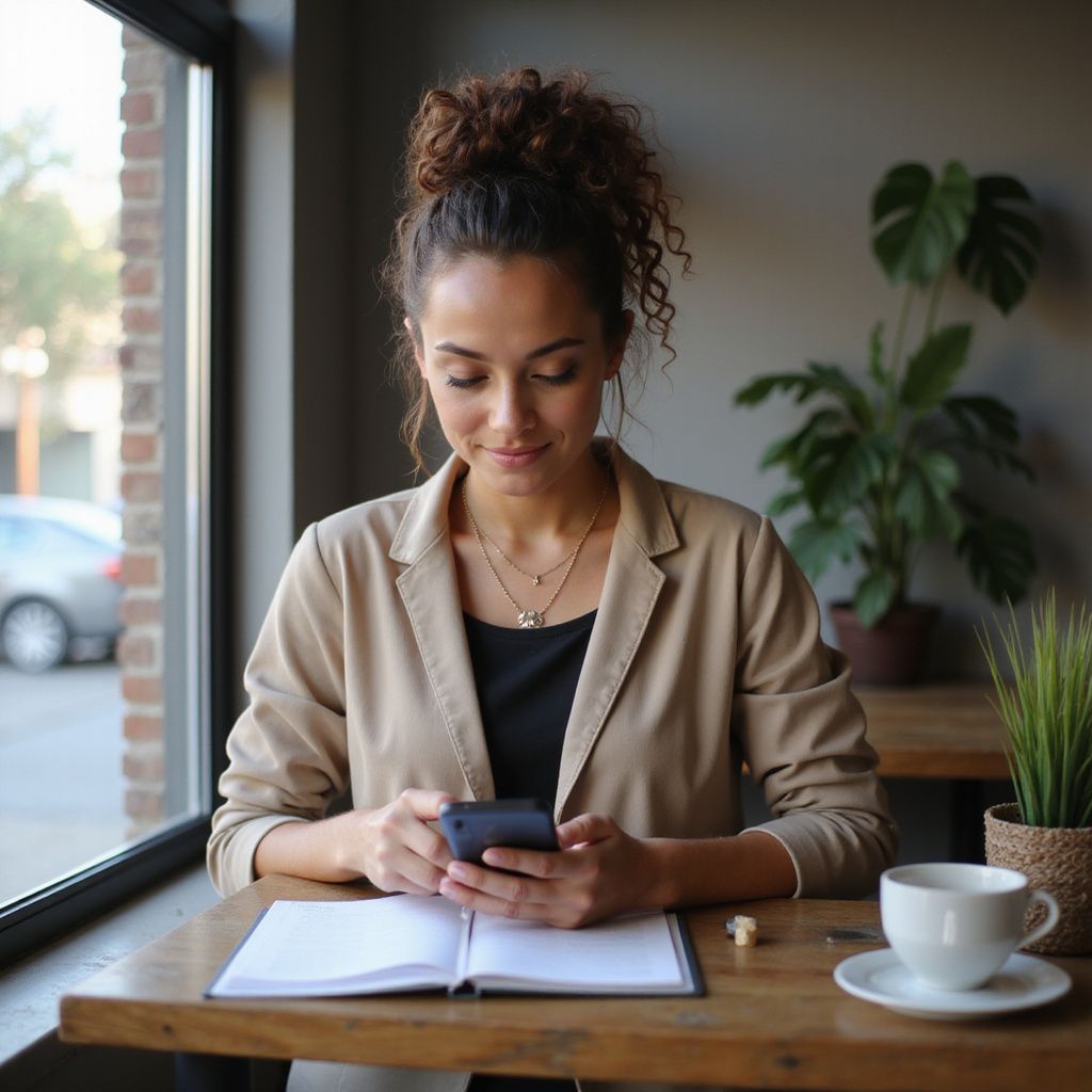 Femme utilisant son téléphone à une table dans un café. Lumière naturelle, carnet ouvert, tasse à café, plante d'intérieur.