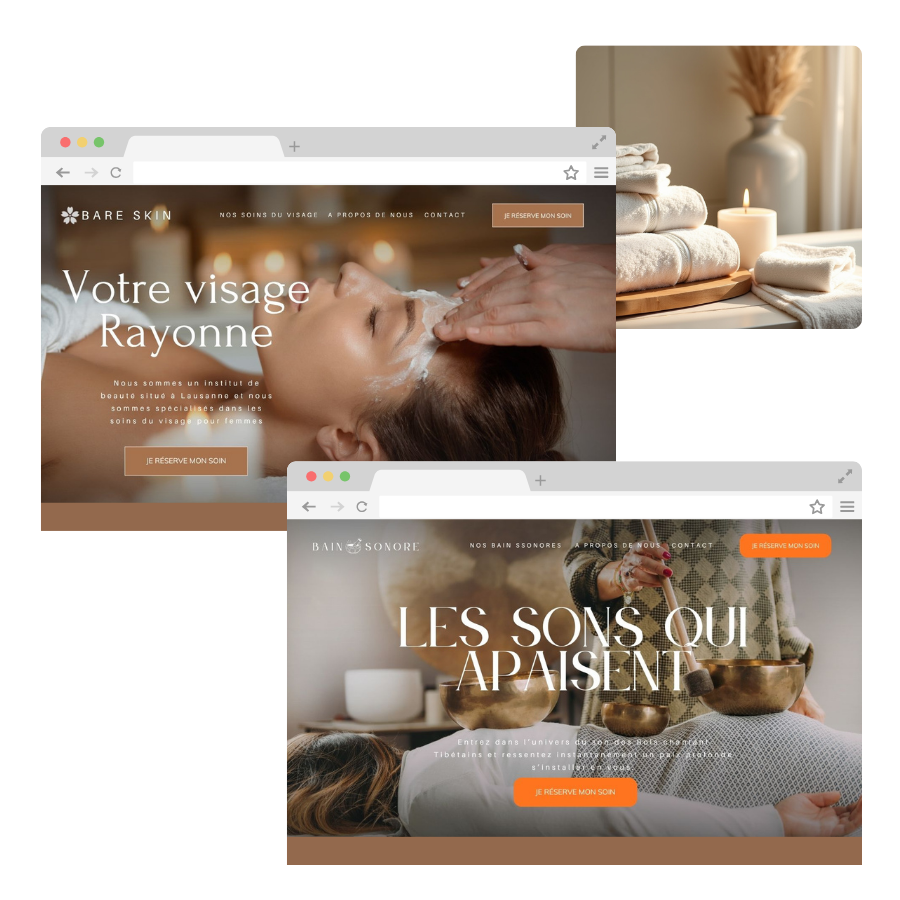 Deux fenêtres de navigateur affichant un site web de spa, l'une proposant un soin du visage et l'autre une thérapie sonore.