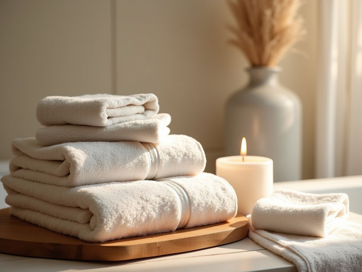 Une pile de serviettes blanches, une bougie allumée et un vase de fleurs séchées sur un plateau en bois.