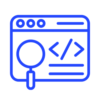Dessin au trait bleu d'une page Web avec une loupe et des symboles de code.