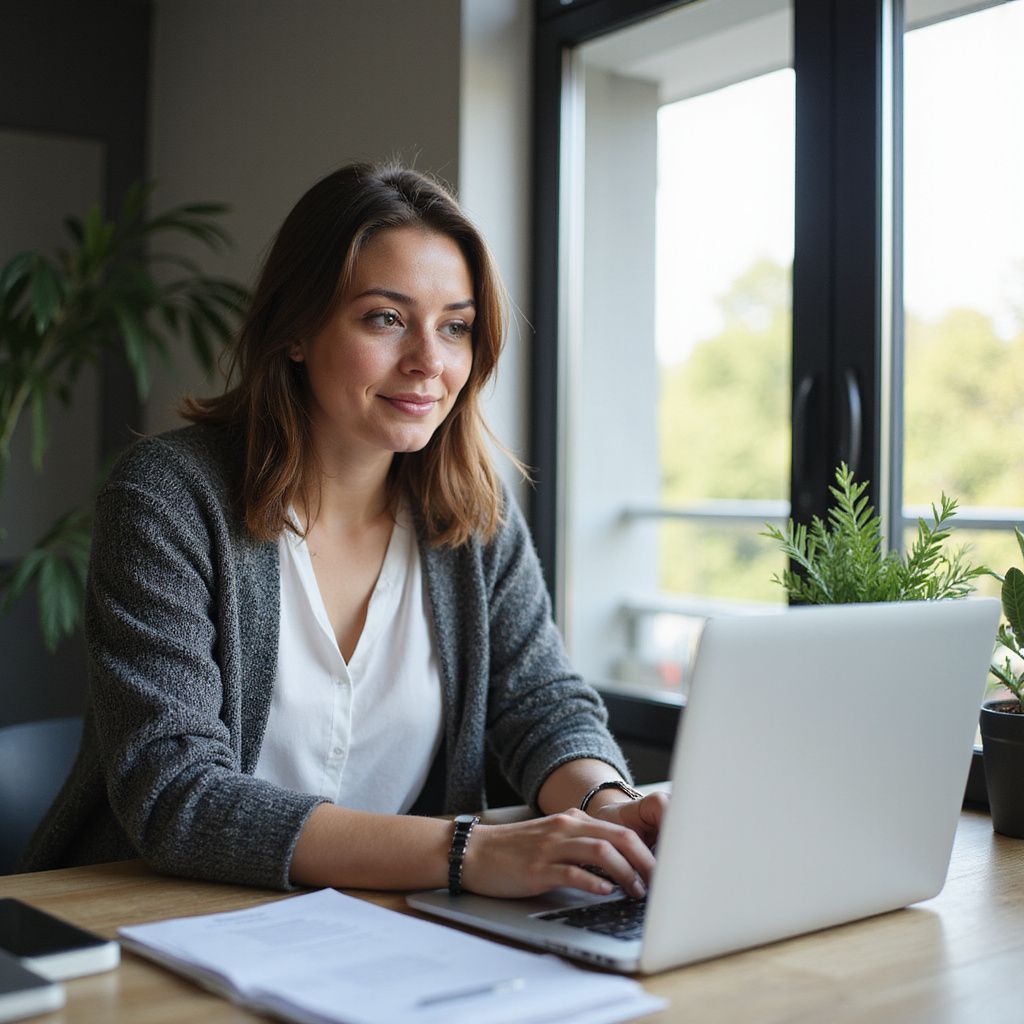 Une femme travaillant sur un ordinateur portable à un bureau, regardant vers la fenêtre, avec une expression pensive.