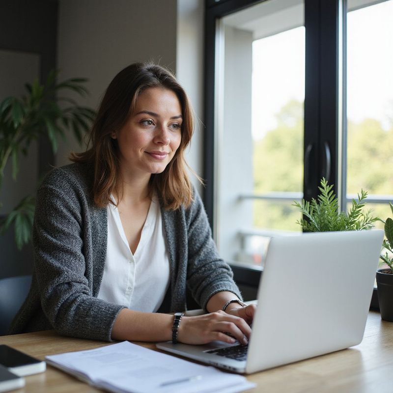 Une femme travaillant sur un ordinateur portable à un bureau, regardant vers la fenêtre, avec une expression pensive.