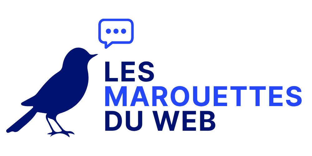 Logo silhouette d'oiseau bleu et bulle de dialogue, texte