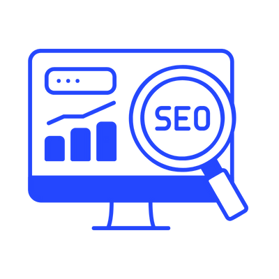 Écran d'ordinateur bleu avec loupe sur « SEO » et graphiques de données.