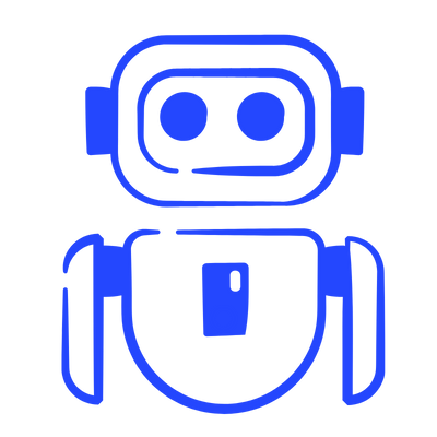 Icône de robot bleu et blanc avec une tête et un corps carrés arrondis.