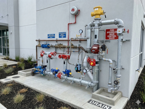 An exterior fire sprinkler riser assembly with gray metal pipes, red valves, and a concrete drain pad against a building.