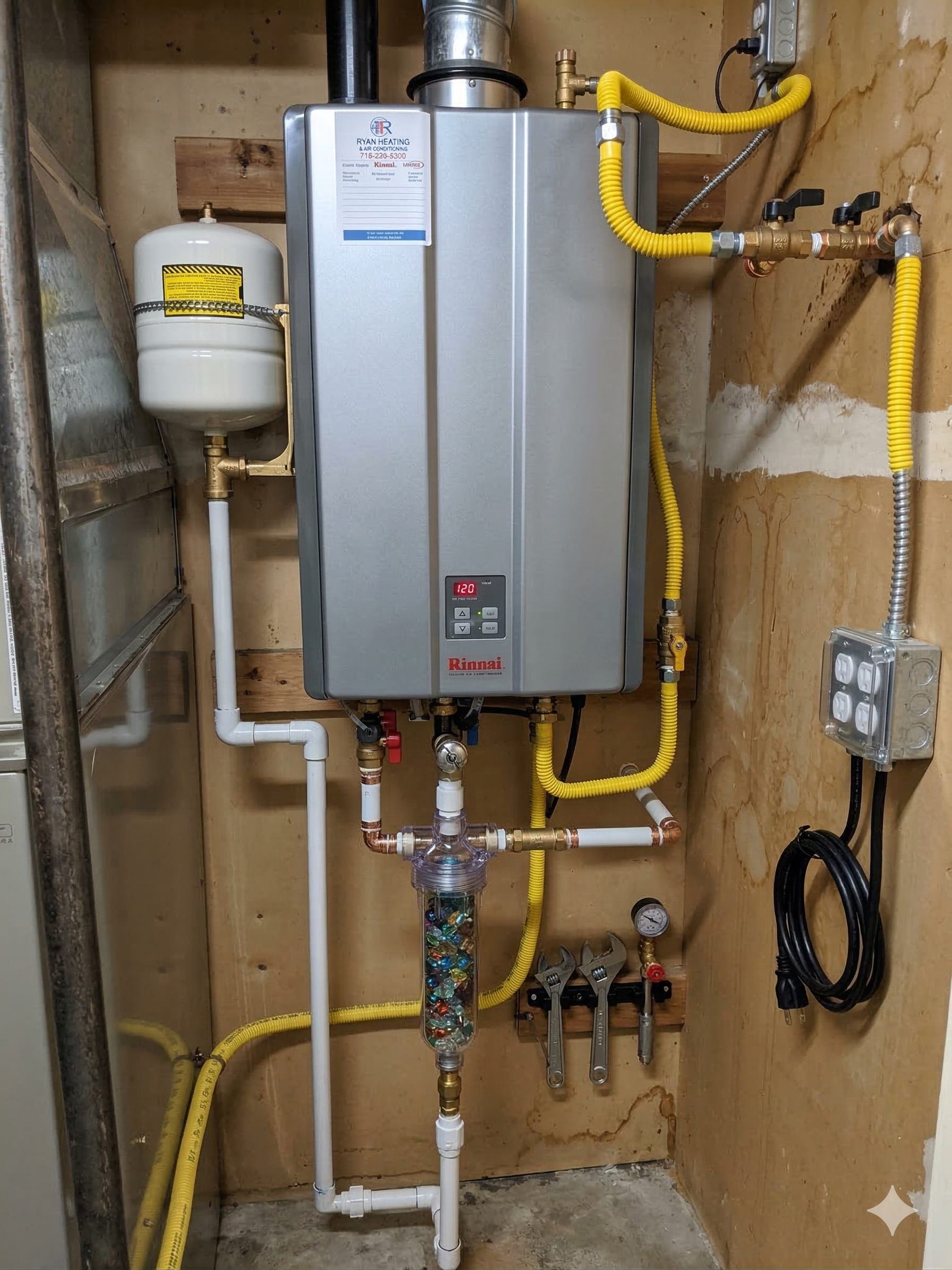 A tankless water heater mounted on a wall with white and yellow plumbing pipes, a filtration system, and an expansion tank.