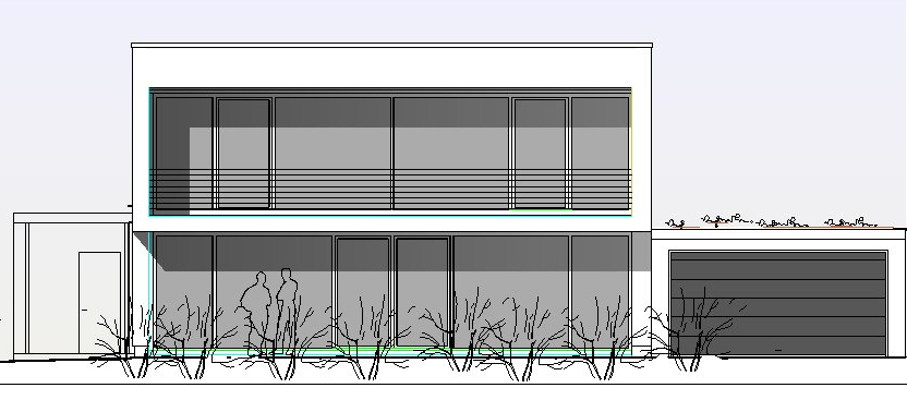 A black and white drawing of a house with trees in front of it