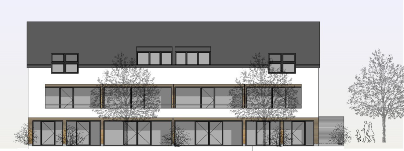 A drawing of a building with a lot of windows