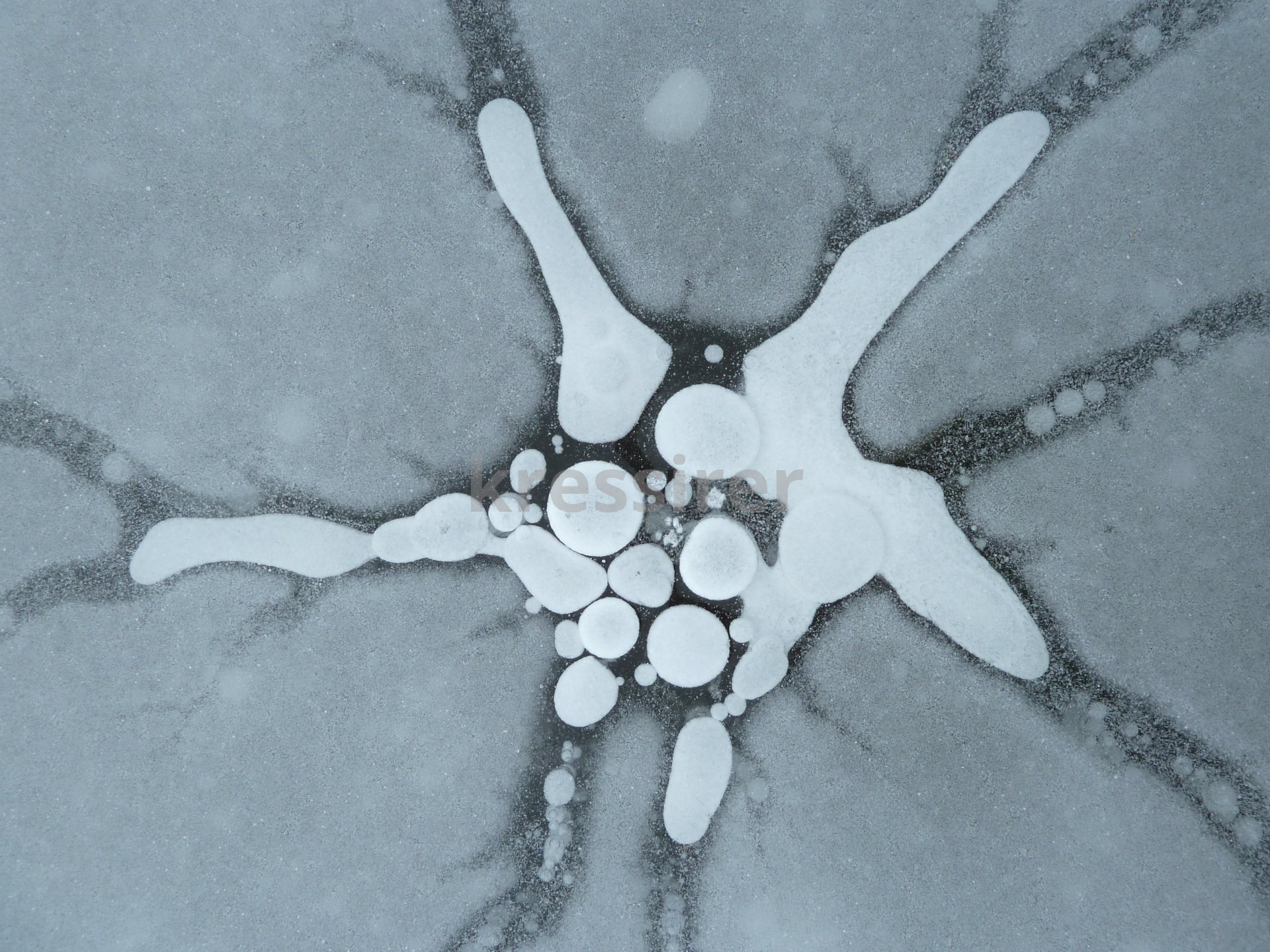 A black and white photo of a star shaped ice formation