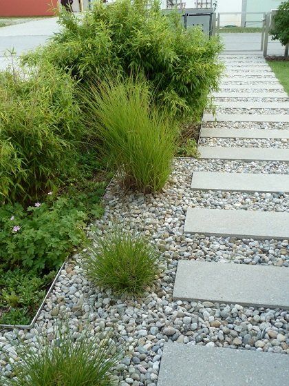A stone walkway surrounded by rocks and plants.
