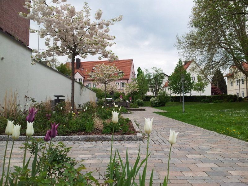 A brick walkway with flowers and trees in the background