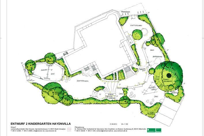 A black and white drawing of a garden with trees and bushes