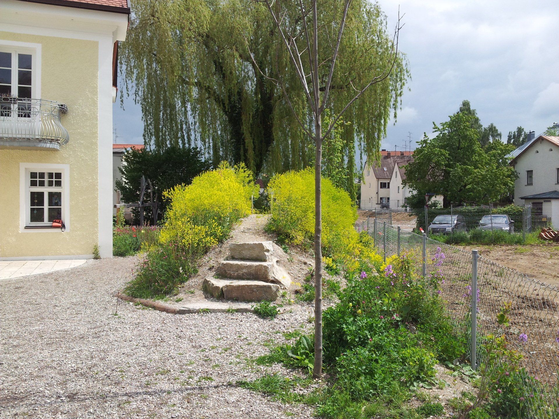 Stairs leading up to a house with a tree in the background