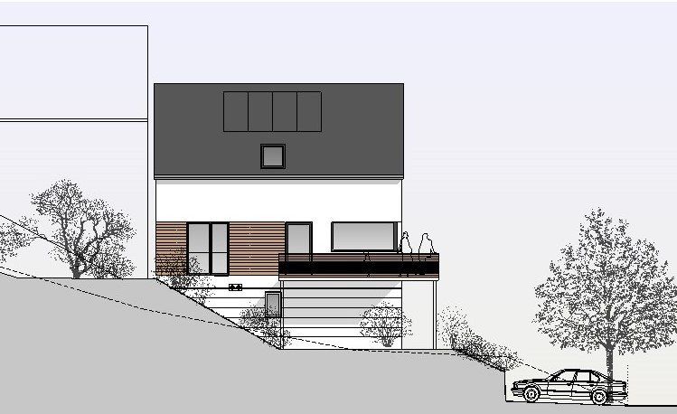 A drawing of a house with a car parked in front of it